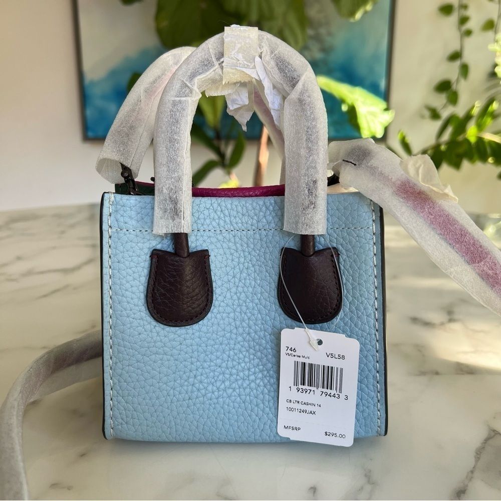 NWT COACH Cashin Carry Tote 14 Colorblock Cerise Pink Blue Green Leather Bag 746 - Picture 7 of 14